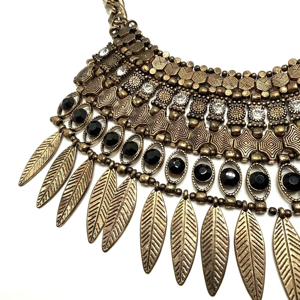 ALDO Boho Statement Bib Necklace Leaf Fringe Distressed Gold Tone Tribal Collar